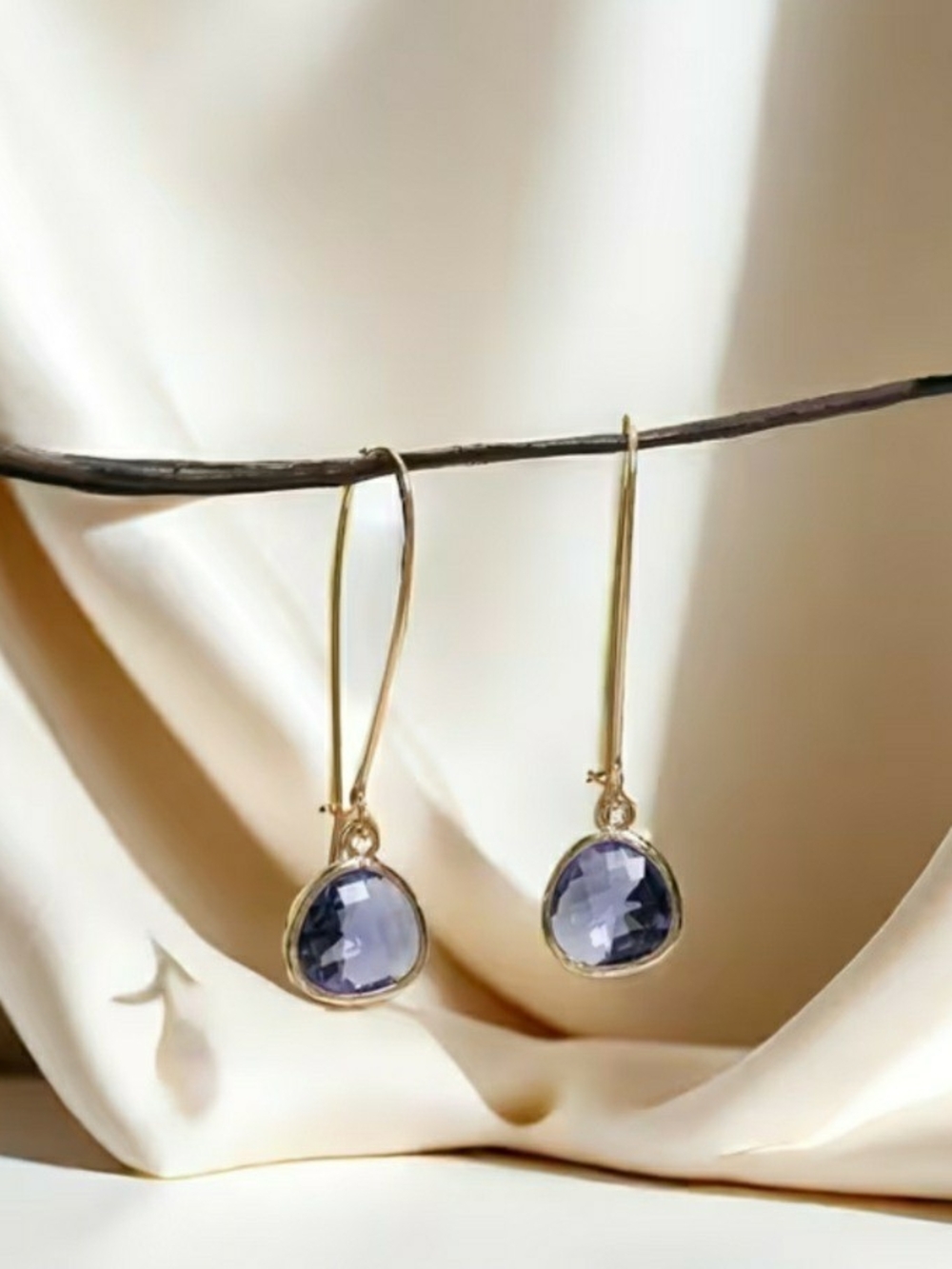 Gold Drop Earrings with Light Purple Gemstones